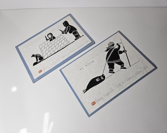 Lámina artística firmada por Henri Napartuk Inuit - Obra de arte indígena canadiense - Caza de focas en iglú - 2 disponibles - elige 1
