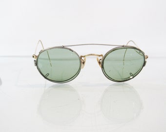 Gold Round Wire Rimless Sunglasses - 1920s 12k Gold Fill Eyeglasses w/ Clip on Sunglasses
