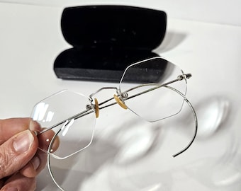 Antieke pince-nez-bril zonder rand met originele kast, gemaakt in de VS