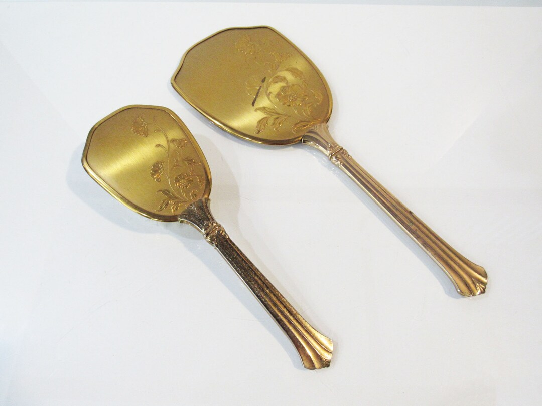 Gold Metal Vanity Set 1940s Art Nouveau Dresser Set W/ Brush and Mirror