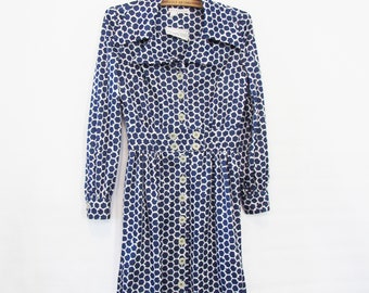 Blue White Polka Dot Dress XS Small - Short Beehive pattern 1960s Dress - Roos Atkins