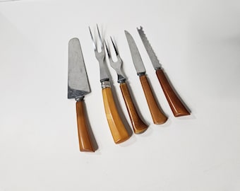 1930s Bakelite Utensil Set — 5-Piece Mixed Handle Lot, Butterscotch & Caramel, Serving Forks, Knives
