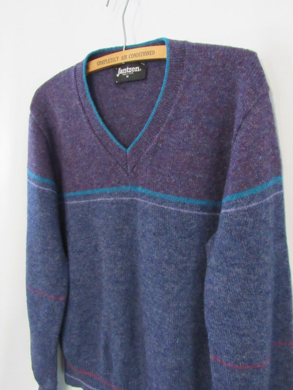 Blue Wool Sweater Medium Jantzen - Purple Striped… - image 2