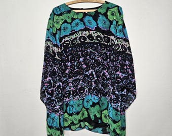 Chiffon Tunika Bluse 20W - Unterfüttert Floral Blau Grün Schwarz - Herrlich!