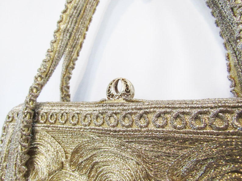 Mid Century Gold Lamé Evening Bag Gold Top Handle Formal Handbag Lots of pockets image 3