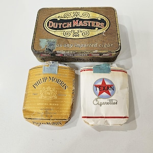 Vintage Dutch Masters Cigar Tin with 2 Empty Cigarette Packs – Philip Morris & Texan