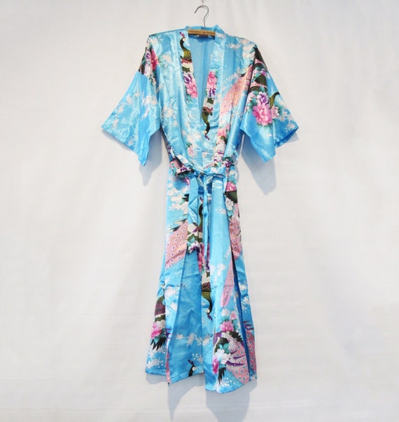 Blue Kimono Robe Peacock - Asian Robe Floral Larg… - image 1