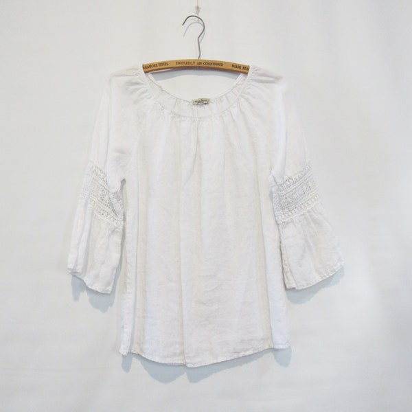 White Linen Peasant Blouse Small - Italy - Loose Boho Linen Blouse w/ Lace