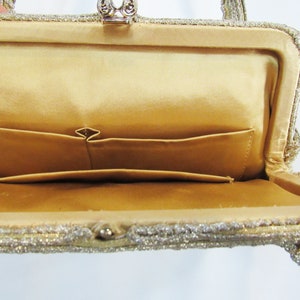 Mid Century Gold Lamé Evening Bag Gold Top Handle Formal Handbag Lots of pockets image 5