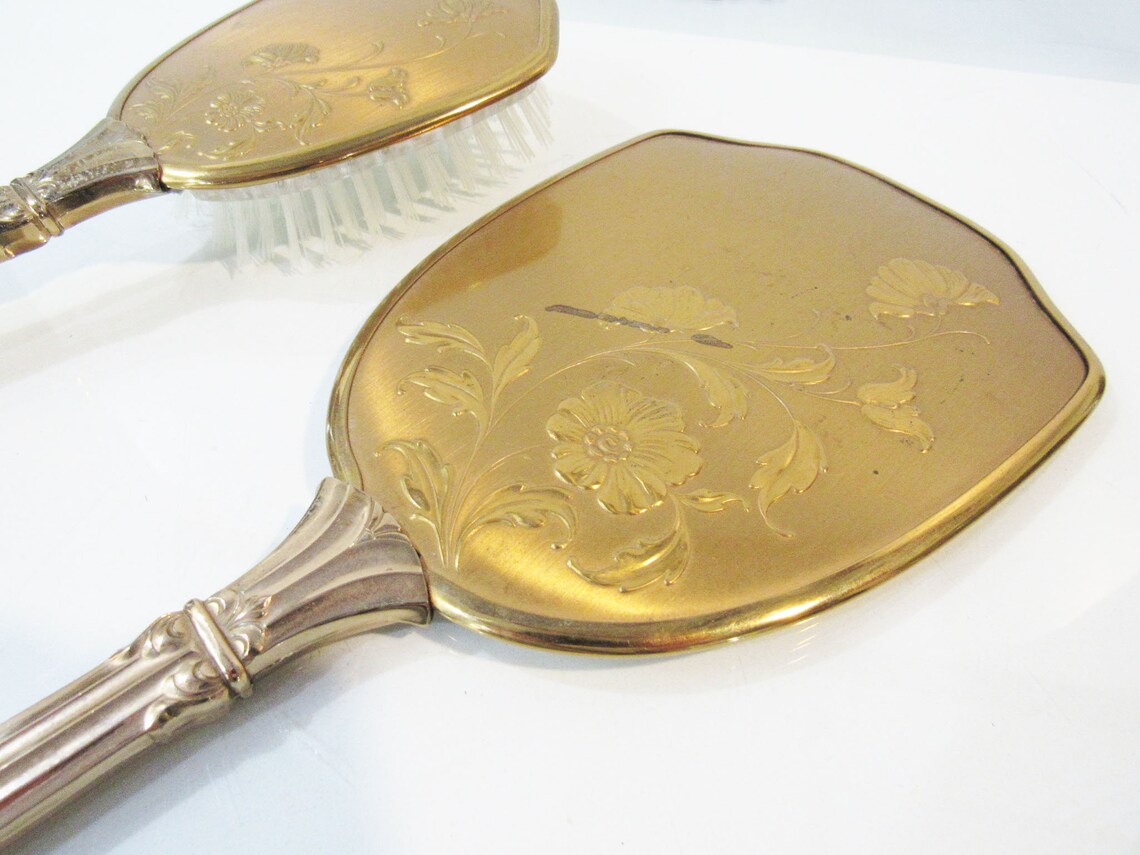 Gold Metal Vanity Set 1940s Art Nouveau Dresser Set W/ Brush Etsy