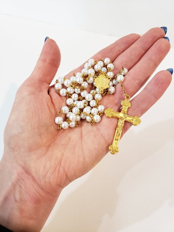 White and Gold Rosary Purity Rosary Gold Metal Crucifix With Faux