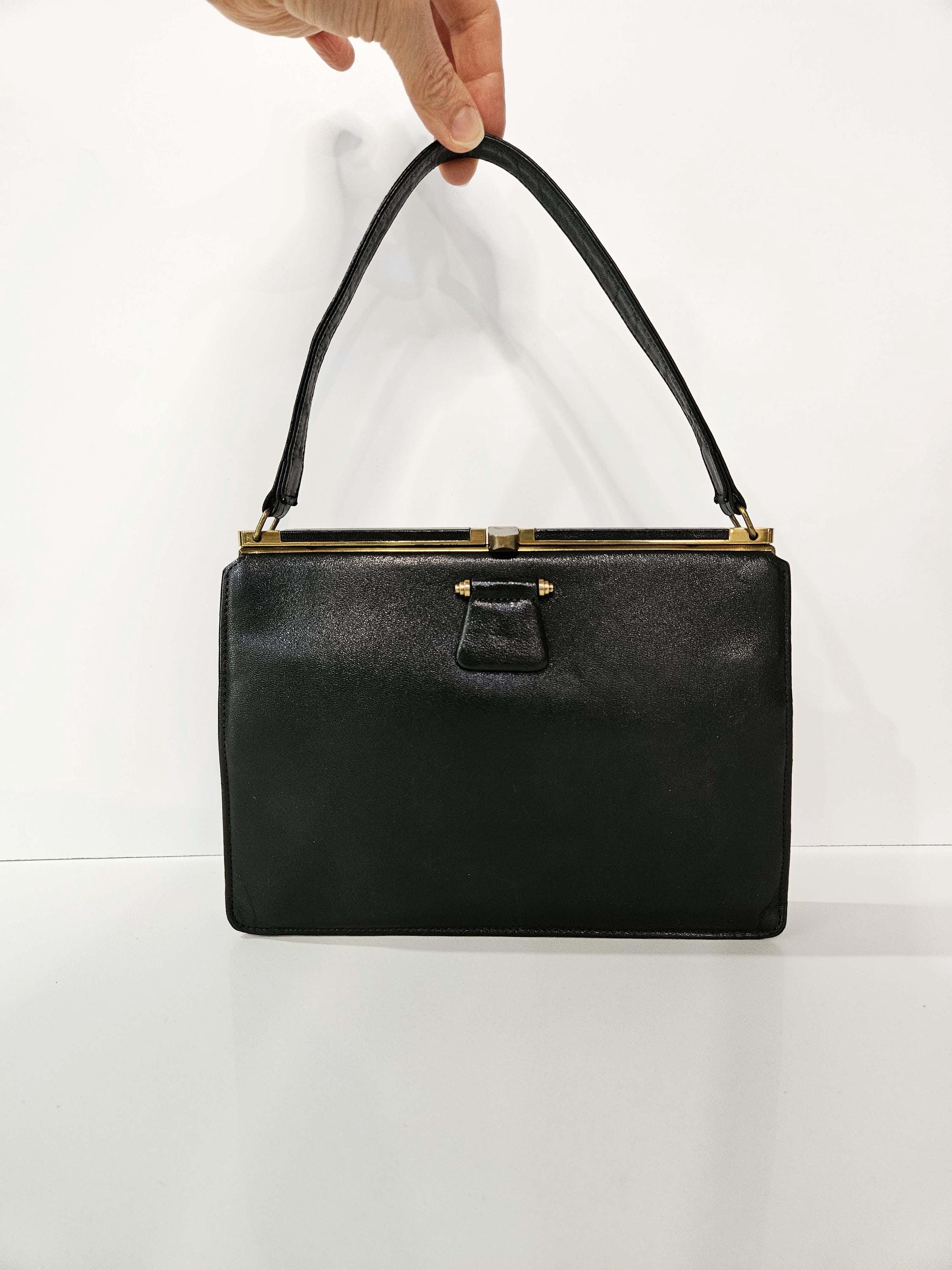 Fassbender 1950s Leather Handbag - Made in England, Tan Suede Interior, Expandable Deco Style Purse