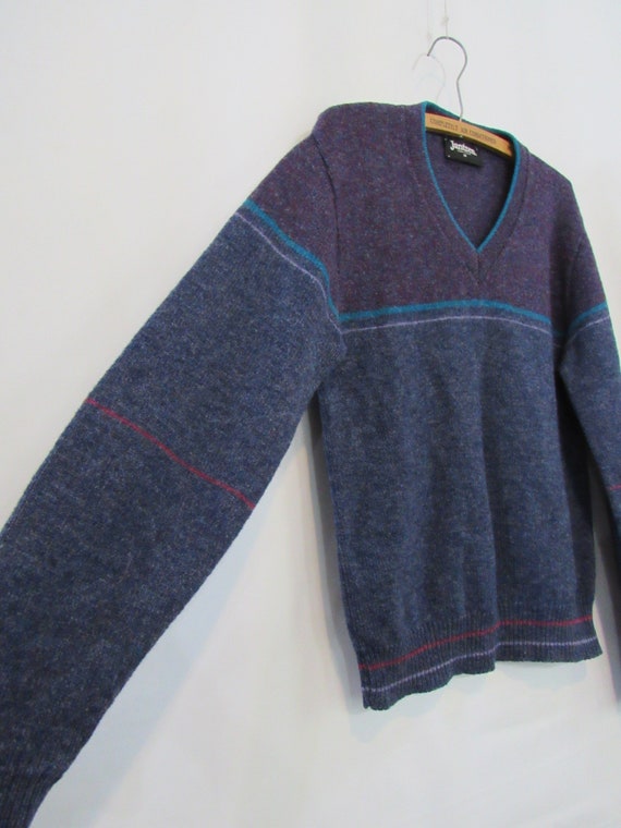 Blue Wool Sweater Medium Jantzen - Purple Striped… - image 5