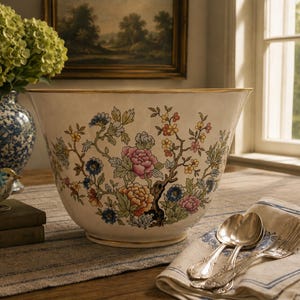 May include: A large, off-white ceramic bowl featuring a colorful floral pattern with pink, orange, blue, and yellow blossoms on brown branches. The bowl has a wide, flared rim with a thin gold-toned edge and a smooth, glossy finish.