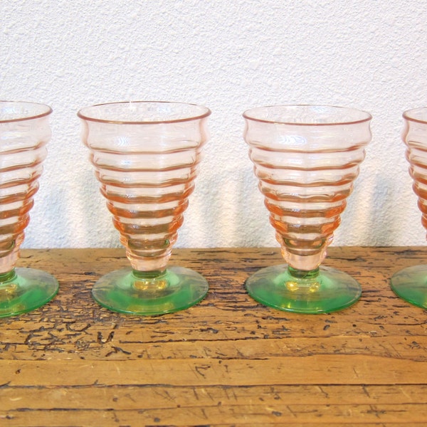 Gorgeous vintage, pink and green, despression glass juice tumbers.