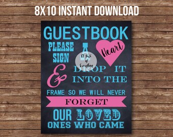 8x10 chalkboard Guestbook please sign a heart INSTANT DOWNLOAD PRINTABLE blue malibu blue pink