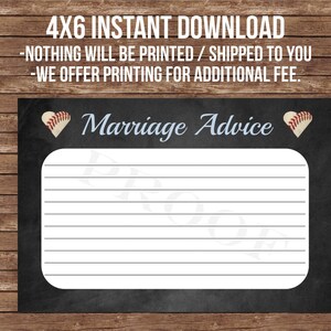 May include: A printable 4x6 inch card with a chalkboard background and white lines. The card says "Marriage Advice" in blue text with a baseball-themed heart on each side.