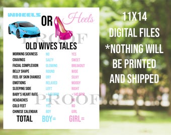 Wheels or Heels Gender Reveal Sign: Old Wives Tales Game (11x14 Digital Files)