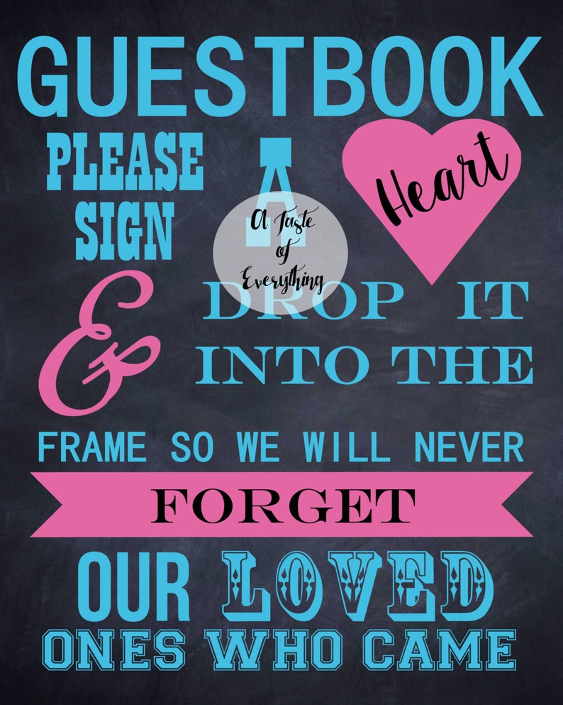 8x10 chalkboard Guestbook please sign a heart INSTANT DOWNLOAD PRINTABLE blue malibu blue pink