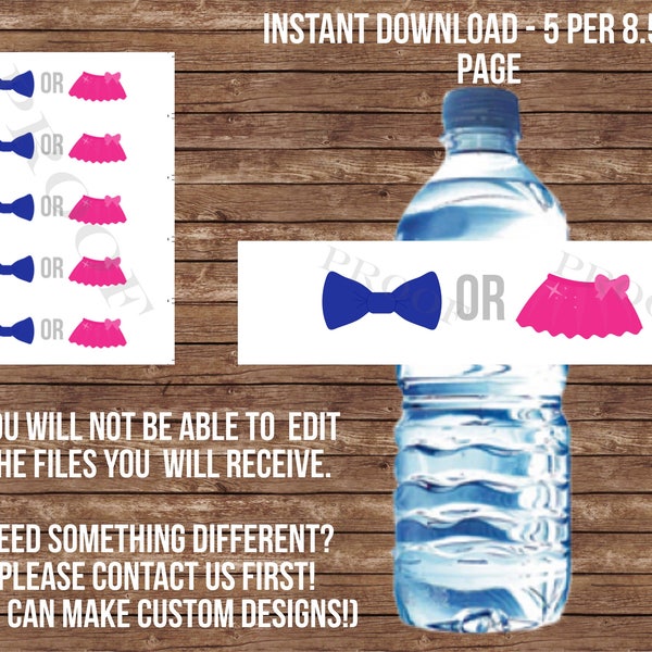 INSTANT DOWNLOAD Waterbottle label Gender reveal party, boy or girl, bowties or tutus, pink vs blue, decor, water bottle, what will it be?