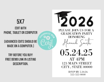 Graduation Party Invitation Template: Black and White, 5x7 corjl 2026 Grad tassel high school college university masters bachelor