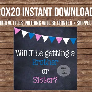 Will I be getting a brother or sister? - INSTANT DIGITAL FILES- 20x20- Gender reveal, sibling, box, gender reveal box decor, decoration sign