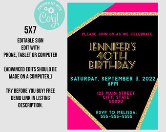 5x7 1980's 1990's theme party template, 80's birthday party, bachelorette, retro, oldies, eras, retirement, bachelor, invitation