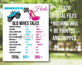 Wheels or Heels Gender Reveal Sign: Old Wives Tales Game (16x20 Digital Files)