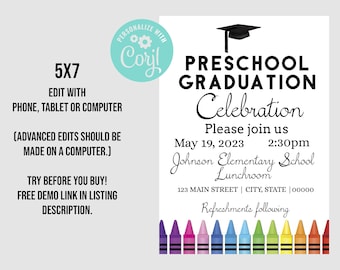 Invitación de graduación de preescolar: Plantilla editable de 5x7 (archivos digitales)