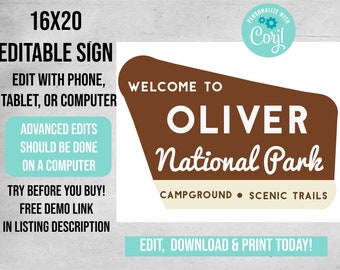 16x20 National Park Sign: Editable Forest Decor (Digital Download) camper