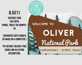 8.5x11 National Park Sign: Woodland Birthday Party Decor (Digital Download)