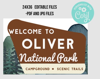 24x36 Editable National Park Sign:  Custom Party Decor (JPG, PDF) baby shower, bridal shower, birthday forest