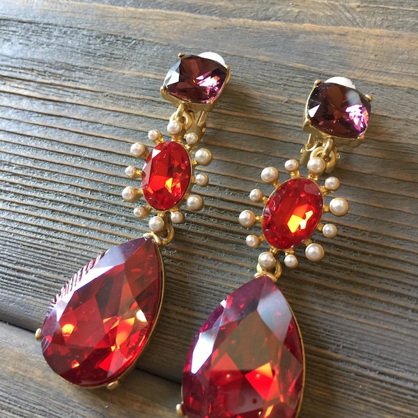 Oscar de la Renta red flower long earrings ，Crystal Necklace ,  Earrings, Candy Color Earrings, Earrings, Statement Wedding Bridesmaid