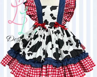 Handmade Cowgirl Dress: Cow Print Pinafore with Red Ruffles, gingham ruffles , farmyard party party, country style dress