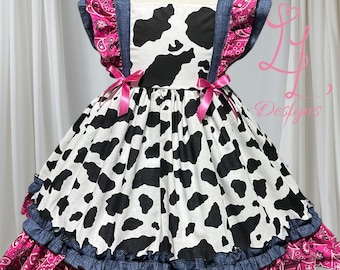 Rustic Cowgirl Pinafore Dress: Cow Print & Red Bandana