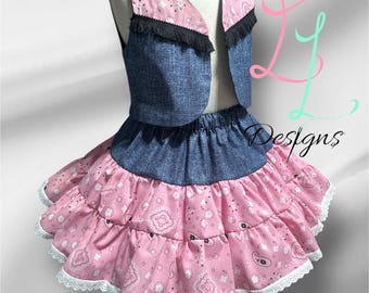 Handmade Western Rodeo Dress: Denim Vest & Bandana Skirt Set, country fair, cowgirl outfit