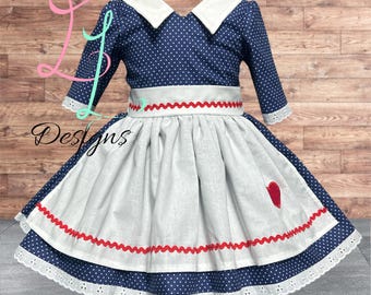 Vintage Polka Dot Dress with White Half Apron • Retro 1950s Inspired Girl’s Outfit • Classic Homemaker Costume • Handmade Boutique