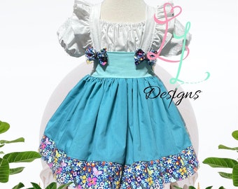 Handmade Colombian Folkloric Dress, Magical Butterfly Garden Kids Boutique Outfit, Girls Party Dress, Storybook Character, Suspender Skirt