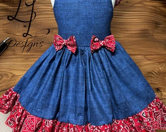 Handmade Farmhouse Dress: Paisley Denim-Look Cowgirl Outfit, country dress, farm party, bandana print