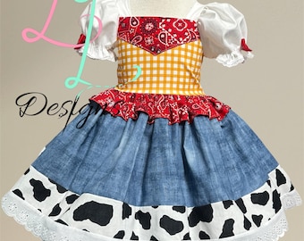 Western Cowgirl Birthday Dress – Bandana Bodice, Yellow Gingham, Denim Skirt, Cow Print Hem – Rodeo Outfit, Farm Theme Party Dress
