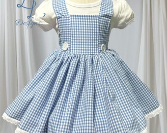 Toddler Girl Halloween Costume – Blue Gingham Pinafore Dress with white Bows & Puff Sleeve Shirt – Birthday Outfit Pigtails sold separately