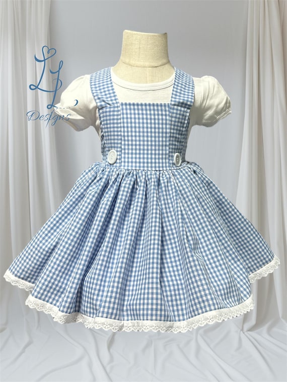 blue gingham pinafore dress Toddler Girl Halloween Costume – with white Bows & Puff Sleeve Shirt – Birthday Outfit Pigtails sold separately Formal dress