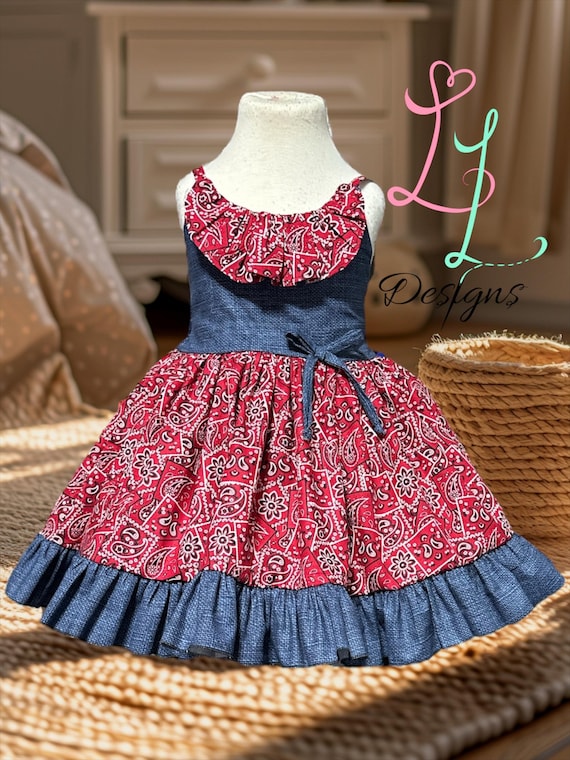 Cowgirl Dress: Red Bandana Ruffle Western Party Dress, Country Birthday Party, Farm Party. Rodeo Dress