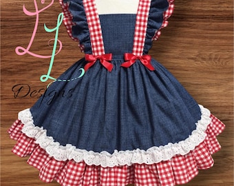 Blue Rustic Cowgirl Dress: eyelet lace Accents, Twirly Pinafore. Denim color with gingham accents dress, farm party dress,