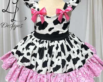 Western Cowgirl Dress: Cow Print, Pink Bandana Ruffle, country cow print dress, farm party