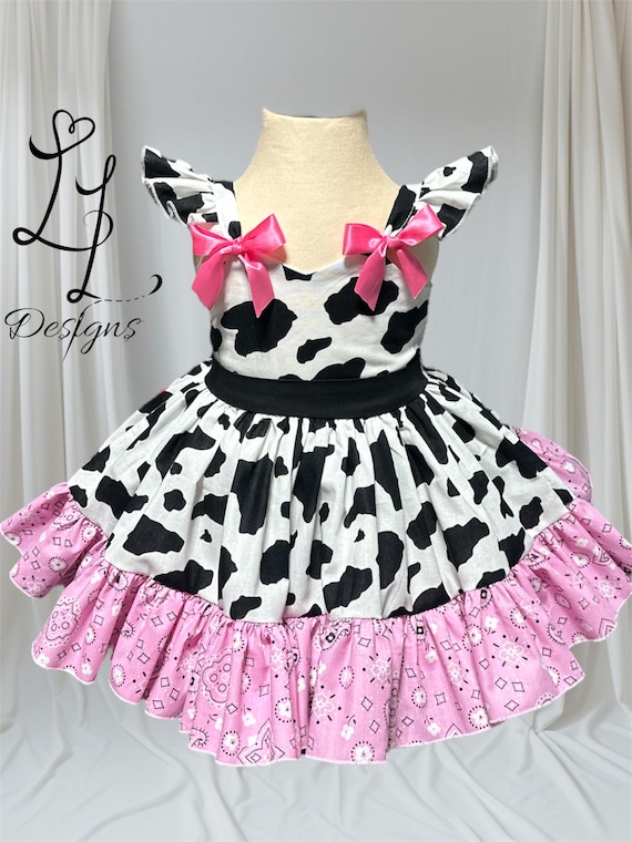 Western Cowgirl Dress: Cow Print, Pink Bandana Ruffle, Country Cow Print  Dress, Farm Party - Etsy