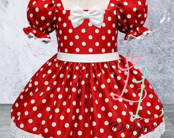 Red, pink or Black Polka Dot Dress for Girls –Vintage Puff Sleeve Dress with White Cotton Waistband & Lace Hem Handmade Boutique Twirl Dress