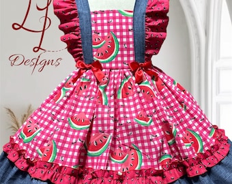 Watermelon Gingham Pinafore Dress: Ruffled Sleeves, Red Bows, red watermelon dress, pageant dress for girls
