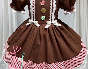 Gingerbread Christmas Dress for Girls, Holiday Candy Outfit, Peppermint Sleeve Boutique Clothing, Festive Brown Gingerbread Costume
