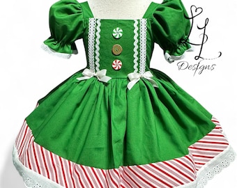 Candy Cane Christmas Dress, Red Holiday Outfit for Girls w/Lace & Bows, Toddler Christmas Dress, Green Puff Sleeve dress w/Candy Accents
